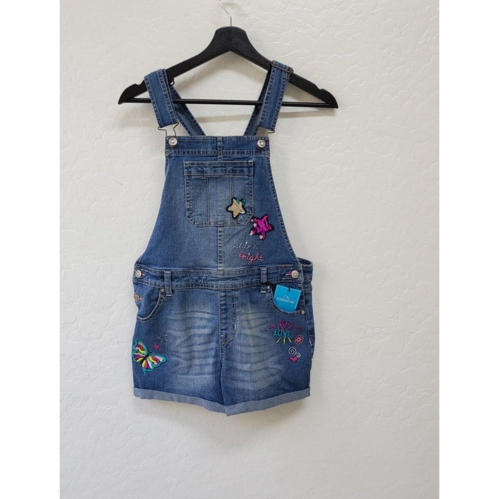 NWT Jordache Denim Jean Embroidered Sequins Girls’ Overalls Cuffed Shorts SZ XL
